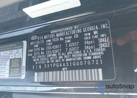 2016 Kia Sorento 2.4L L from USA, damaged, VIN 5XYPG4A31GG070721